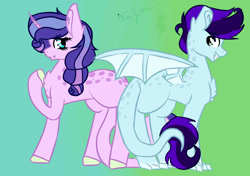 Size: 1700x1200 | Tagged: safe, artist:vercullka01699, oc, oc only, oc:eufra rosy, oc:sapphire sky, dracony, hybrid, pony, unicorn, brother and sister, duo, female, gradient background, grin, interspecies offspring, male, offspring, parent:rarity, parent:spike, parents:sparity, siblings, smiling, spread wings, wings