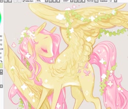 Size: 1383x1185 | Tagged: safe, artist:costly, fluttershy, pegasus, pony, g4, eyes closed, female, flower, flower in hair, mare, solo, spread wings, wings, wip