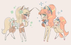 Size: 1583x1009 | Tagged: safe, artist:costly, oc, oc only, oc:merri, oc:refresh, pony, unicorn, bandana, bow, duo, female, flower, flower in hair, mare, simple background, sketch, tail, tail bow