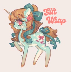 Size: 1146x1166 | Tagged: safe, artist:costly, oc, oc only, oc:gift wrap, pony, unicorn, bow, female, hair bow, mare, simple background, solo, tail, tail bow