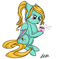Size: 968x1004 | Tagged: safe, artist:lena, oc, oc only, pegasus, pony, cup, food, ponytail, solo, tea, teacup