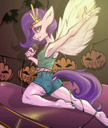 Size: 3473x4093 | Tagged: safe, artist:leastways, pipp petals, pegasus, anthro, plantigrade anthro, g5, ass, breasts, butt, clothes, daisy dukes, decoration, feet, halloween, holiday, jewelry, microphone, pumpkin, shorts, singing, sketch, solo, tail, tail hole, tiara, wings