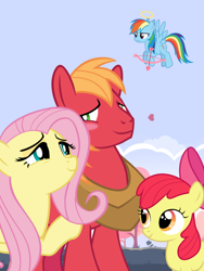 Size: 768x1024 | Tagged: safe, anonymous artist, artist:edy_january, artist:starryshineviolet, apple bloom, big macintosh, fluttershy, rainbow dash, earth pony, pegasus, pony, g4, angry birds, angry birds seasons, arrow, bow (weapon), boyfriend and girlfriend, female, foal, group, halo, hearts and hooves day, holiday, male, mare, parody, poster, quartet, rainbow the shipper, reference, romantic, ship:fluttermac, shipping, simple background, stallion, straight, toy, valentine, valentine's day