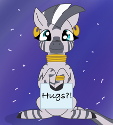 Size: 1998x2198 | Tagged: safe, anonymous artist, derpibooru exclusive, zecora, zebra, g4, bracelet, bronybait, cute, ear piercing, earring, hug request, jewelry, looking at you, necklace, piercing, sign, sitting, solo, text, zecorable