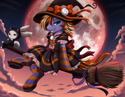 Size: 3909x3050 | Tagged: safe, artist:pridark, oc, oc only, pony, rabbit, animal, broom, clothes, duo, full moon, hat, high res, male, moon, socks, stallion, striped socks, witch hat