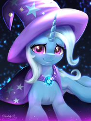 Size: 1792x2389 | Tagged: safe, artist:darksly, trixie, pony, unicorn, g4, brooch, cape, clothes, cute, diatrixes, female, hat, high res, horn, jewelry, looking at you, mare, signature, smiling, smiling at you, solo, trixie's brooch, trixie's cape, trixie's hat, wizard hat