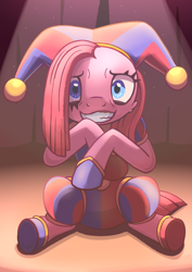 Size: 1050x1485 | Tagged: safe, artist:candy meow, pinkie pie, earth pony, pony, g4, clothes, crossover, curtains, female, grin, hat, jester, jester hat, jester outfit, jester pie, mare, nervous, nervous smile, pinkamena diane pie, pomni, sitting, smiling, solo, spotlight, the amazing digital circus