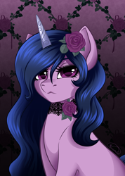 Size: 578x811 | Tagged: safe, artist:nuumia, izzy moonbow, pony, unicorn, g5, female, goth, goth izzy, horn, looking at you, mare, signature, solo