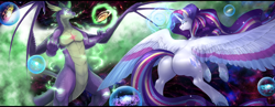 Size: 4500x1750 | Tagged: safe, alternate version, artist:nsfwbonbon, rarity, spike, alicorn, dragon, pony, unicorn, g4, adult, adult spike, alicornified, ascension enhancement, bigger than a galaxy, butt, claws, ethereal wings, female, frog (hoof), giant pony, giant rarity, giant unicorn, giantess, glowing, glowing eyes, glowing horn, goddess, gradient eyes, high res, horn, large butt, large wings, letterboxing, lip bite, macro, magic, male, married couple, mega giant, mega rarity, mega spike, older, older spike, planet, plot, pony bigger than a planet, race swap, rainbow power, raricorn, runes, scales, ship:sparity, shipping, smiling, smirk, space, straight, underhoof, wide hips, wing claws, winged spike, wings