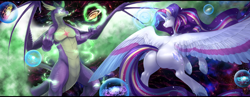 Size: 920x358 | Tagged: safe, alternate version, artist:nsfwbonbon, rarity, spike, alicorn, dragon, pony, unicorn, g4, adult, adult spike, alicornified, ascension enhancement, bigger than a galaxy, butt, claws, ethereal wings, female, frog (hoof), giant pony, giant rarity, giant unicorn, giantess, glowing, glowing eyes, glowing horn, goddess, gradient eyes, horn, large butt, large wings, letterboxing, lip bite, macro, magic, male, married couple, mega giant, mega rarity, mega spike, older, older spike, planet, plot, pony bigger than a planet, race swap, rainbow power, raricorn, runes, scales, ship:sparity, shipping, smiling, smirk, space, straight, underhoof, wide hips, wing claws, winged spike, wings