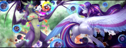 Size: 4500x1750 | Tagged: safe, alternate version, artist:nsfwbonbon, rarity, spike, alicorn, dragon, pony, unicorn, g4, adult, adult spike, alicornified, ascension enhancement, bigger than a universe, butt, claws, ethereal wings, female, frog (hoof), giant pony, giant rarity, giant unicorn, giantess, glowing, glowing eyes, glowing horn, goddess, gradient eyes, high res, horn, large butt, large wings, letterboxing, lip bite, macro, magic, male, married couple, mega giant, mega rarity, mega spike, older, older spike, planet, plot, pony bigger than a planet, race swap, rainbow power, raricorn, runes, scales, ship:sparity, shipping, smiling, smirk, space, straight, underhoof, wide hips, wing claws, winged spike, wings