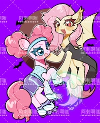 Size: 1748x2155 | Tagged: safe, artist:hedgehog29271, fluttershy, pinkie pie, bat, bat pony, pegasus, pony, g4, scare master, afro puffs, bat ponified, chest fluff, clothes, costume, cute, diapinkes, duo, fangs, female, flutterbat, mare, nightmare night, nightmare night costume, open mouth, pinkie puffs, race swap, roller skates, shyabetes, skates, tongue out, watermark