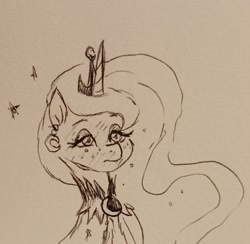 Size: 1341x1309 | Tagged: safe, artist:pony quarantine, princess luna, alicorn, pony, g4, bust, female, freckles, freckluna, lidded eyes, mare, monochrome, pen drawing, solo, traditional art