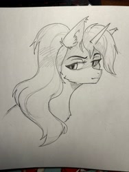 Size: 3024x4032 | Tagged: safe, artist:hysteriana, oc, oc only, oc:evening lake, pony, unicorn, chest fluff, ear fluff, female, horn, looking back, mare, ponytail, sketch, smiling, solo, traditional art, unicorn oc