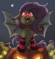 Size: 1120x1198 | Tagged: safe, artist:sonyager, fluttershy, bat pony, pony, undead, vampire, g4, accessory, bat ponified, clothes, cute, female, flutterbat, halloween, holiday, jack-o-lantern, looking at you, mare, pumpkin, race swap, simple background, slit pupils, smiling, smiling at you, socks, solo, striped socks