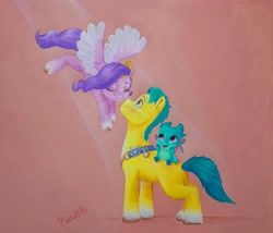 Size: 2048x1753 | Tagged: safe, artist:rosabb, hitch trailblazer, pipp petals, sparky sparkeroni, dragon, earth pony, pegasus, pony, g5, baby, baby dragon, blushing, dragons riding ponies, eyes closed, female, flying, male, mare, riding, ship:pitch, shipping, smiling, stallion, straight, traditional art, trio