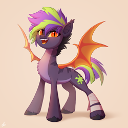 Size: 2000x2000 | Tagged: safe, artist:luminousdazzle, oc, oc only, oc:ectoplasm, bat pony, pony, bandage, chest fluff, fangs, female, high res, looking at you, mare, open mouth, short mane, short tail, simple background, slit pupils, solo, spread wings, stripes, tail, unshorn fetlocks, wings