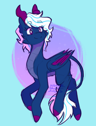 Size: 1984x2596 | Tagged: safe, artist:wintersleptart, oc, oc only, oc:snowy smarty, dragon, hybrid, longma, abstract background, cheek fluff, eyebrows, eyebrows visible through hair, female, horns, smiling, solo, wings