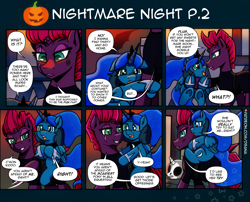 Size: 3508x2834 | Tagged: safe, artist:dsana, fizzlepop berrytwist, tempest shadow, oc, oc:lullaby dusk, pegasus, pony, unicorn, comic:a storm's lullaby, g4, female, filly, foal, high res, mare, nightmare night