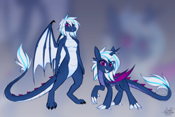 Size: 5400x3600 | Tagged: safe, artist:scarlet-spectrum, oc, oc only, oc:snowy smarty, dracony, dragon, hybrid, pony, unicorn, anthro, abstract background, anthro with ponies, dracony oc, dragon wings, dragoness, duo, duo female, eyebrows, eyebrows visible through hair, female, horn, looking at you, smiling, smiling at you, unicorn oc, wings
