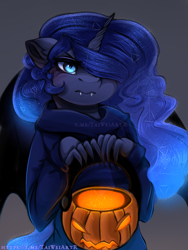 Size: 1125x1500 | Tagged: safe, artist:taiweiart, princess luna, alicorn, bat pony, bat pony alicorn, anthro, g4, angry, bat wings, claws, clothes, constellation, fangs, female, gray background, halloween, holiday, horn, jack-o-lantern, pumpkin, pumpkin bucket, simple background, solo, wings