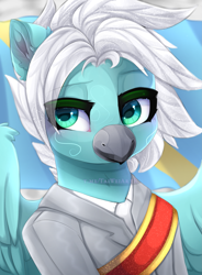 Size: 1835x2500 | Tagged: safe, artist:taiweiart, oc, oc:brisk wave, hippogriff, bust, clothes, commission, hippogriff oc, portrait, sash, solo, suit