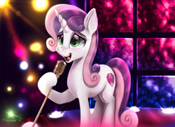 Size: 4500x3250 | Tagged: safe, artist:darksly, sweetie belle, pony, unicorn, g4, cute, diasweetes, ear fluff, eyebrows, female, high res, horn, mare, microphone, older, older sweetie belle, open mouth, signature, singing, solo, stage, the cmc's cutie marks