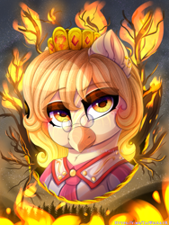 Size: 1875x2500 | Tagged: safe, artist:taiweiart, oc, oc only, oc:grover vi, griffon, equestria at war mod, bust, clothes, female, fire, forest, glasses, portrait, rule 63, solo