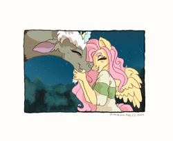 Size: 1853x1515 | Tagged: safe, artist:antonarcana, discord, fluttershy, draconequus, pegasus, anthro, g4, boop, cute, eyes closed, female, male, mare, noseboop, open mouth, scene interpretation, ship:discoshy, shipping, smiling, spirited away, spread wings, straight, wings