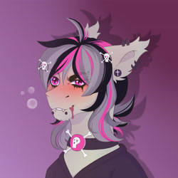 Size: 5315x5315 | Tagged: safe, artist:creed larsen, oc, oc only, oc:gravel shine, bat pony, pony, blushing, choker, commission, drunk, drunk bubbles, emo, fangs, gradient background, piercing, sketch, solo