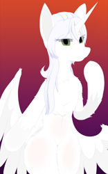Size: 2800x4500 | Tagged: artist needed, source needed, safe, oc, oc only, oc:κασσάνδρα, alicorn, semi-anthro, alicorn oc, arm hooves, belly button, chest fluff, female, gradient background, horn, solo, wings
