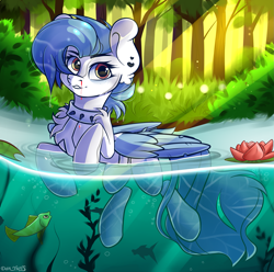 Size: 1935x1916 | Tagged: safe, artist:yuris, oc, oc only, fish, pegasus, pony, algae, blood, bubble, bush, crepuscular rays, ears up, feather, flowing tail, folded wings, forest, lilypad, looking at you, ocean, partially submerged, pond, seaweed, smiling, solo, sunlight, swimming, tail, trade, tree, underwater, water, wings
