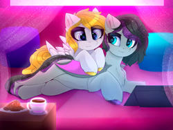 Size: 2666x2000 | Tagged: safe, artist:taiweiart, oc, oc only, bat pony, pegasus, pony, bed, cookie, cup, curtains, drink, duo, female, food, high res, lying down, mare, pillow, plate, prone, tablet