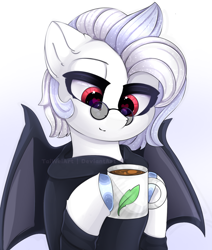 Size: 1274x1500 | Tagged: safe, artist:taiweiart, oc, oc only, bat pony, pony, clothes, food, glasses, heart, heart eyes, hoodie, mug, simple background, solo, tea, wingding eyes