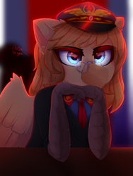 Size: 1500x2000 | Tagged: safe, artist:taiweiart, oc, oc only, oc:grover vi, griffon, equestria at war mod, bust, clothes, female, glasses, hat, necktie, peaked cap, portrait, rule 63, solo, suit