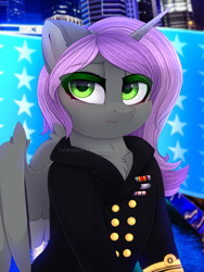 Size: 1500x2000 | Tagged: safe, artist:taiweiart, oc, oc only, oc:cynder dragoneye, alicorn, pony, alicorn oc, city, clothes, female, horn, mare, military uniform, solo, uniform, wings