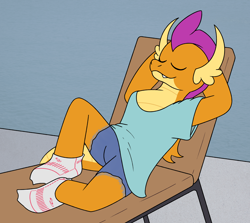 Size: 4816x4296 | Tagged: safe, artist:aaron amethyst, smolder, dragon, g4, ankle socks, beach chair, chair, clothes, dragons wearing clothes, eyes closed, fangs, female, oversized clothes, oversized shirt, pants, relaxing, ripped pants, shirt, shorts, socks, solo, sunbathing, swimming pool, torn clothes, white socks