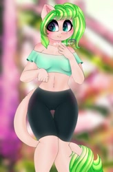 Size: 1310x2000 | Tagged: safe, artist:taiweiart, oc, oc only, oc:eleanor, earth pony, anthro, female, gym shorts, leonine tail, midriff, solo, tail, thigh gap