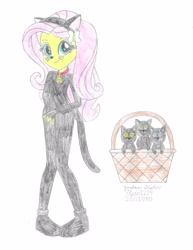 Size: 2550x3300 | Tagged: safe, artist:elsie1234, part of a set, fluttershy, cat, human, equestria girls, g4, basket, black cat, clothes, colored sketch, costume, halloween, halloween costume, high res, holiday, prop, simple background, sketch, solo, white background