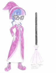 Size: 2550x3300 | Tagged: safe, artist:elsie1234, part of a set, sci-twi, twilight sparkle, human, equestria girls, g4, broom, clothes, colored sketch, costume, female, glasses, halloween, halloween costume, high res, prop, simple background, sketch, solo, white background, witch