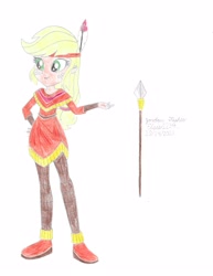 Size: 2550x3300 | Tagged: safe, artist:elsie1234, part of a set, applejack, human, equestria girls, g4, clothes, colored sketch, costume, feather, female, halloween, halloween costume, high res, holiday, native american, prop, simple background, sketch, solo, spear, weapon, white background