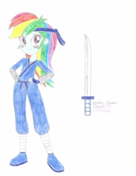 Size: 2550x3300 | Tagged: safe, artist:elsie1234, part of a set, rainbow dash, human, equestria girls, g4, clothes, colored sketch, costume, female, halloween, halloween costume, headband, high res, holiday, katana, ninja, prop, simple background, sketch, solo, sword, weapon, white background