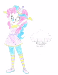 Size: 2550x3300 | Tagged: safe, artist:elsie1234, part of a set, pinkie pie, human, equestria girls, g4, arms in the air, clothes, clown, clown nose, colored sketch, costume, cream pie, face paint, female, food, halloween, halloween costume, hat, high res, holiday, pie, prop, red nose, simple background, sketch, solo, white background