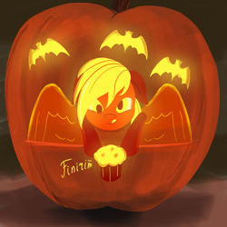 Size: 2500x2500 | Tagged: safe, artist:finirim, derpy hooves, pegasus, pony, g4, food, halloween, high res, holiday, jack-o-lantern, muffin, pumpkin, solo