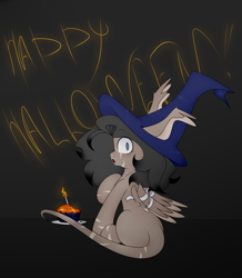 Size: 3104x3564 | Tagged: safe, artist:lili, oc, oc only, oc:shaggy, pegasus, pony, bandage, black background, cake, dark background, feather, food, halloween, hat, high res, holiday, simple background, solo, striped, witch