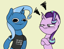 Size: 640x490 | Tagged: source needed, safe, artist:ewoudcponies, starlight glimmer, trixie, unicorn, g4, clothes, crossed arms, i'm with stupid, shirt, starlight glimmer is not amused, unamused