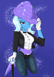 Size: 542x772 | Tagged: safe, artist:aurorafang, trixie, unicorn, anthro, g4, beautiful, bowtie, cane, clothes, cute, diatrixes, eyelashes, female, fishnet stockings, hat, leotard, magician outfit, pantyhose, solo, trixie's hat, tuxedo