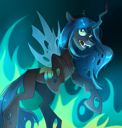 Size: 4000x4200 | Tagged: safe, artist:k0potb, queen chrysalis, changeling, changeling queen, pony, g4, antagonist, fangs, female, fire, looking at you, mare, open mouth, solo, spread wings, wings