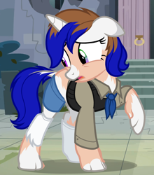 Size: 1096x1248 | Tagged: safe, artist:anonymous, oc, oc only, oc:koronella, human, pony, unicorn, fallout equestria, /ptfg/, brown hair, clothes, dock, female, fingernails, floppy ears, human to pony, light skin, mare, mid-transformation, open mouth, ripped socks, show accurate, socks, tail, torn clothes, torn socks, transformation