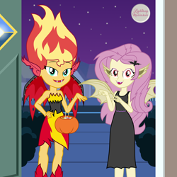 Size: 2000x2000 | Tagged: safe, artist:lightning_musicwave_safe, fluttershy, sunset shimmer, human, equestria girls, g4, clothes, costume, duo, duo female, fake ears, fake wings, female, flutterbat costume, halloween, halloween costume, high res, holiday, nightmare night, sunset satan, trick or treat